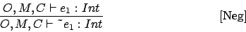 \begin{displaymath}
\frac{
O,M,C \vdash e_1 : Int}{O,M,C \vdash \mbox{\~{}} e_1 : Int}\eqno\mbox{[Neg]}
\end{displaymath}