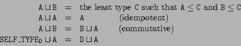 \begin{displaymath}
\begin{array}{rcl}
\tt A \sqcup B & = & \tt\mbox {\rm the le...
...\tt SELF\_TYPE}_D \sqcup A & = & \tt D \sqcup A \\
\end{array}\end{displaymath}