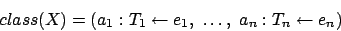 \begin{displaymath}
class(X) = (a_1:T_1\leftarrow e_1,\ \ldots,\ a_n:T_n\leftarrow e_n)
\end{displaymath}